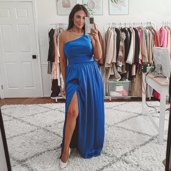 White by Vera Wang Blue One Shoulder satin maxi dress Gown Size 6 - Picture 6 of 10